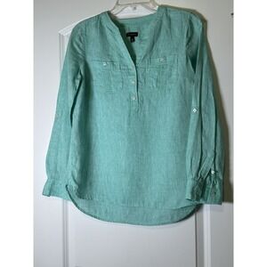 Talbots Shirt Womens‎ XS Green Linen Long Sleeve Button Henley Tunic Pockets
